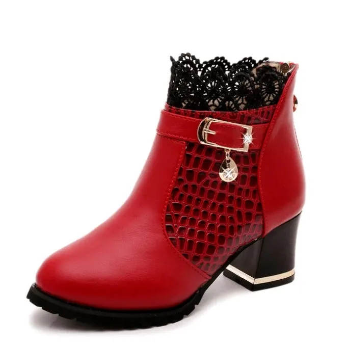 2025 Round Toe Women Fashion Crystal Belt Buckle Boots – 6CM Square High Heels, Sexy Leopard Lace Ankle Boots