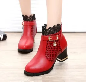 2025 Round Toe Women Fashion Crystal Belt Buckle Boots – 6CM Square High Heels, Sexy Leopard Lace Ankle Boots