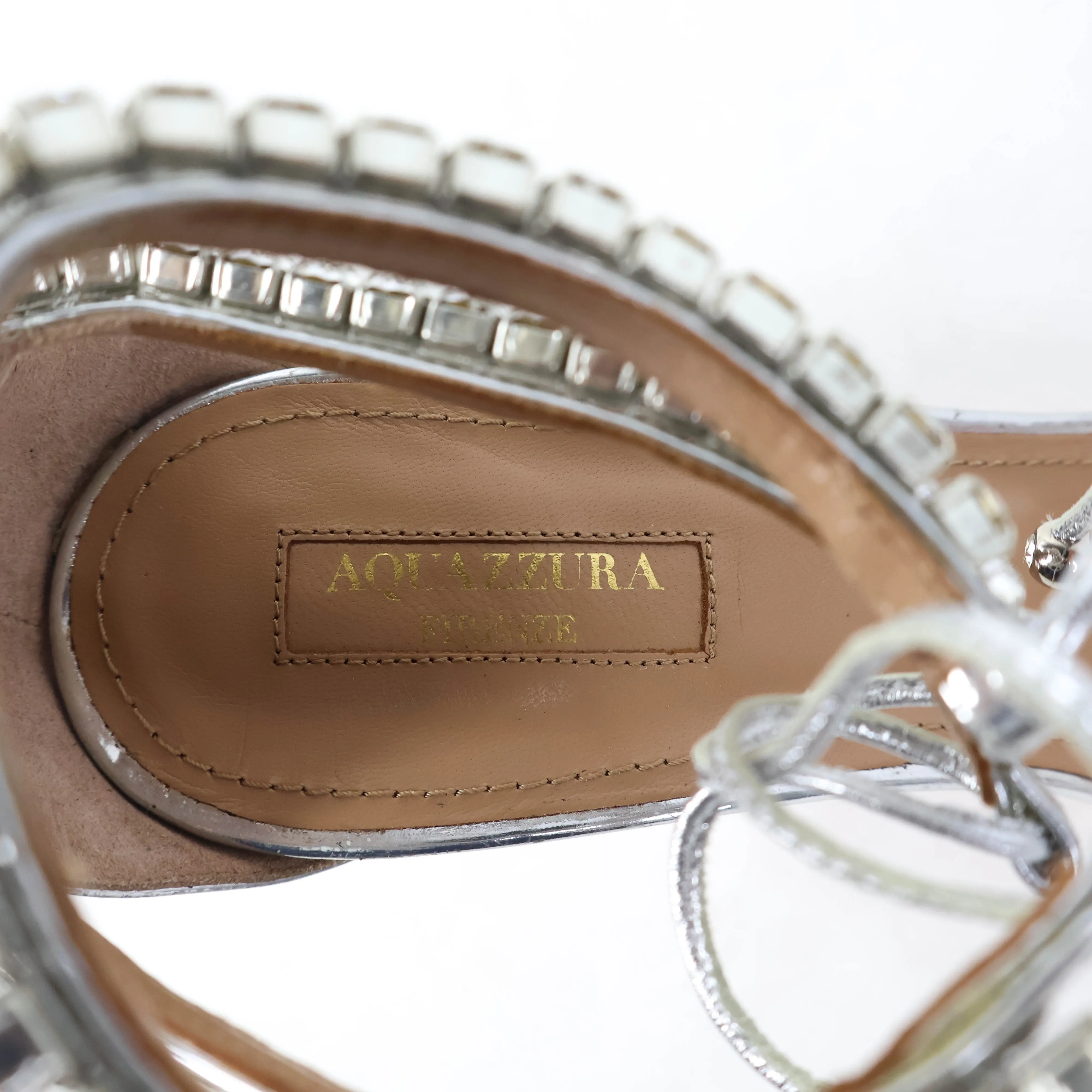 Aquazzura Sandals Heels Silver Crystal Ankle Strap 40