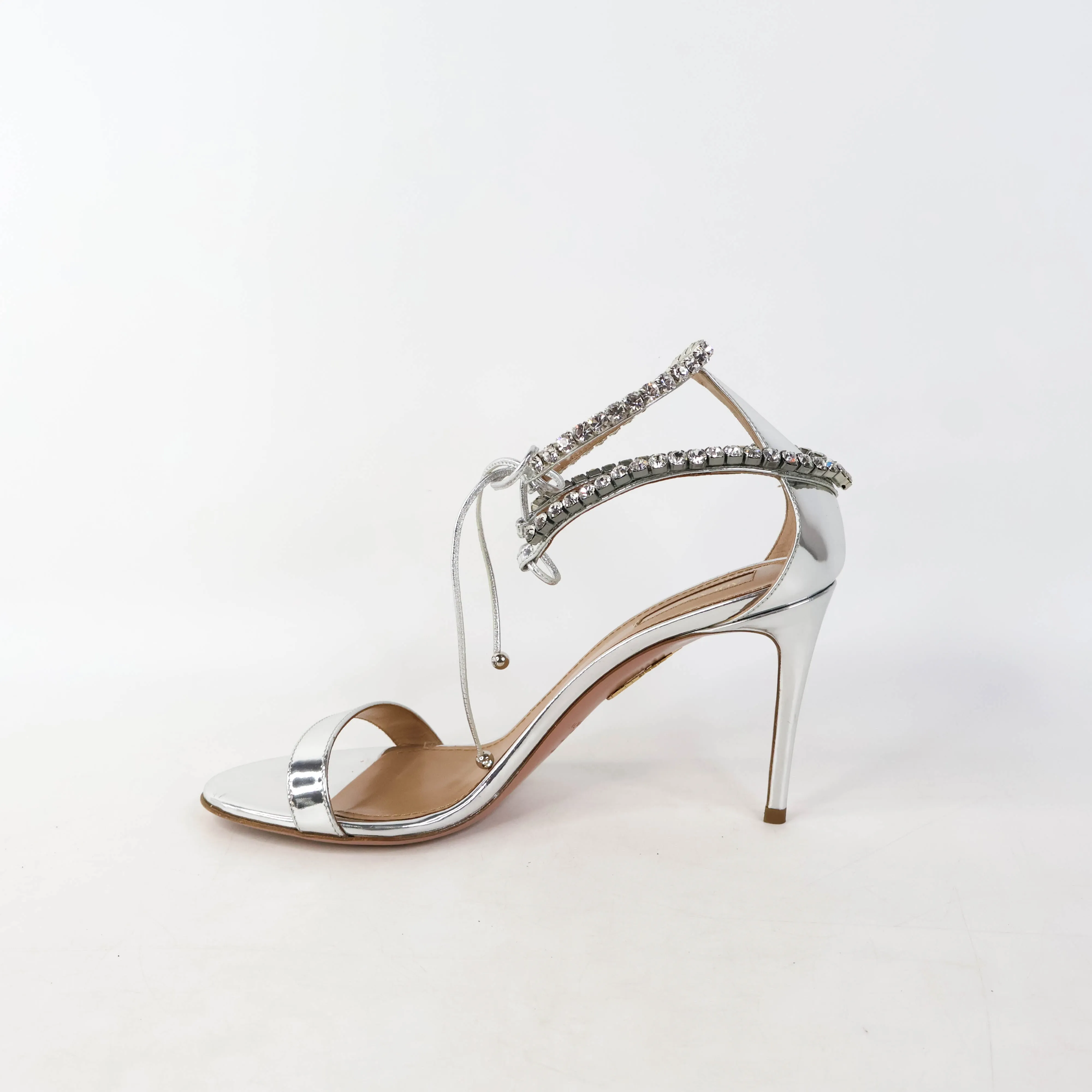 Aquazzura Sandals Heels Silver Crystal Ankle Strap 40