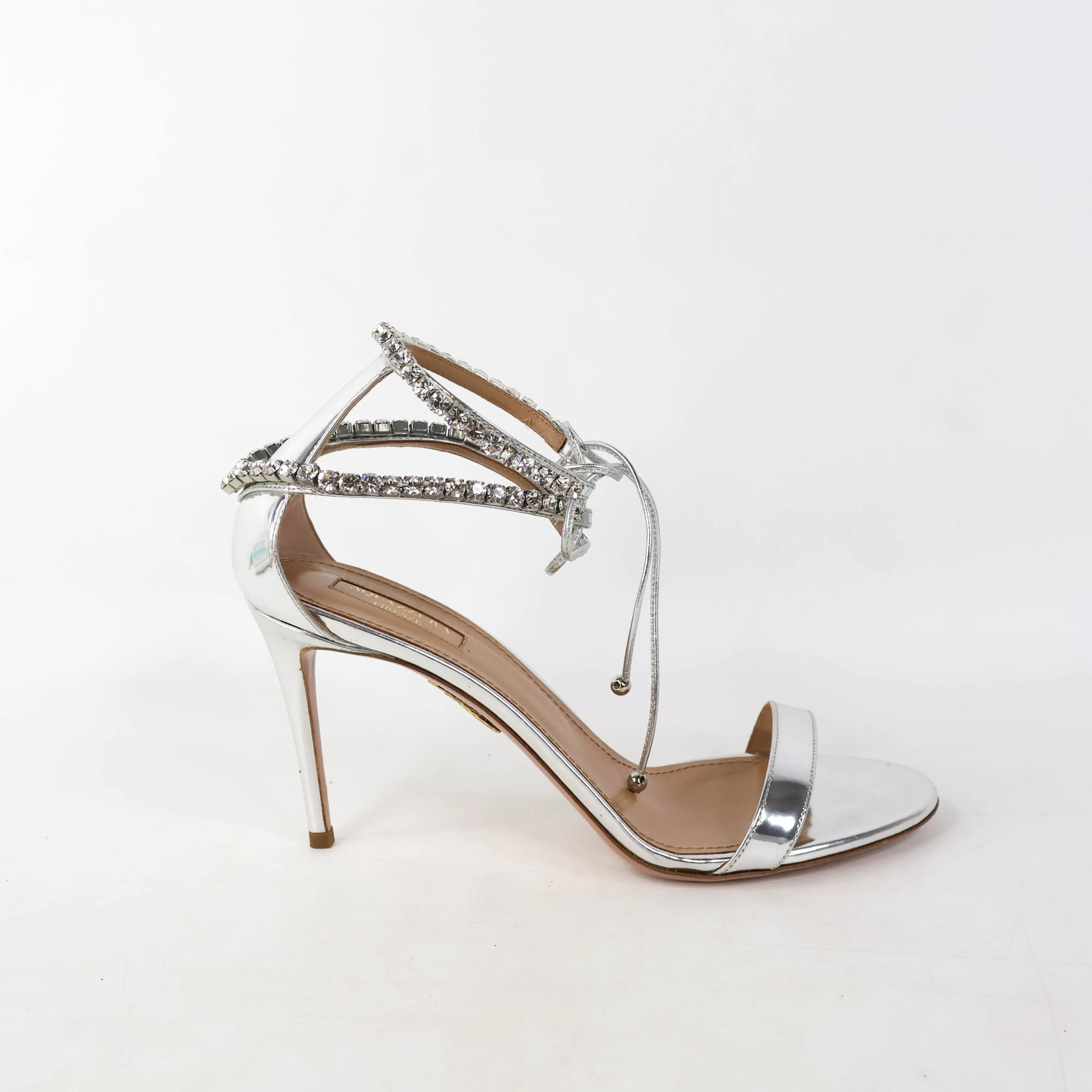 Aquazzura Sandals Heels Silver Crystal Ankle Strap 40