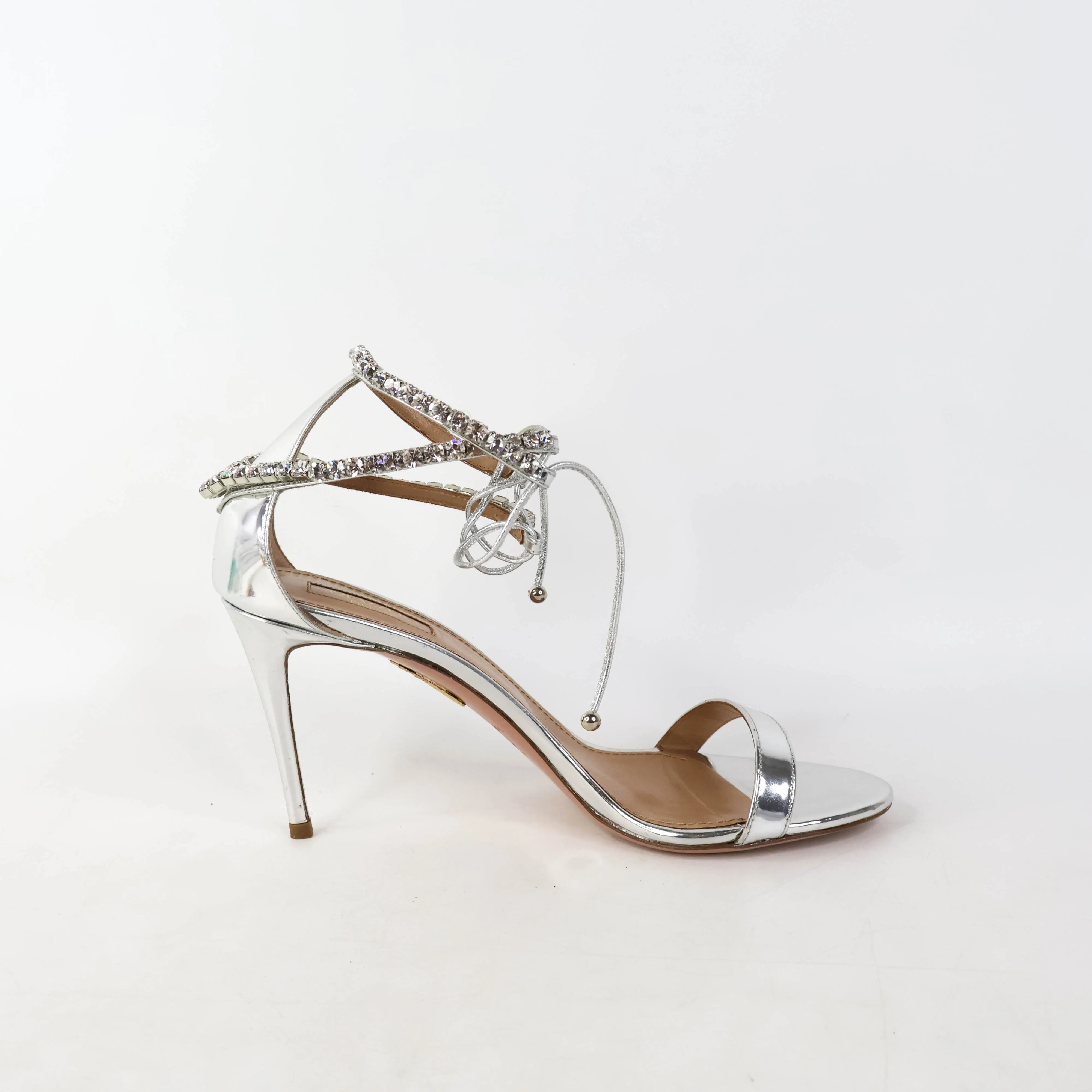 Aquazzura Sandals Heels Silver Crystal Ankle Strap 40