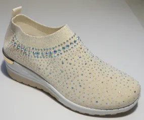 Cream Crystal-Embellished Slip-On Gym Shoes