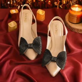 Crystal Bow Heels Beige