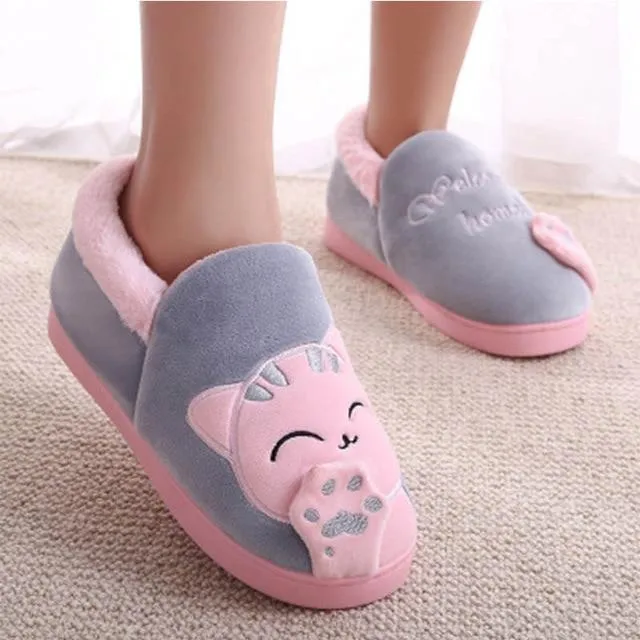 Cute cat slippers push warm winter house shoes