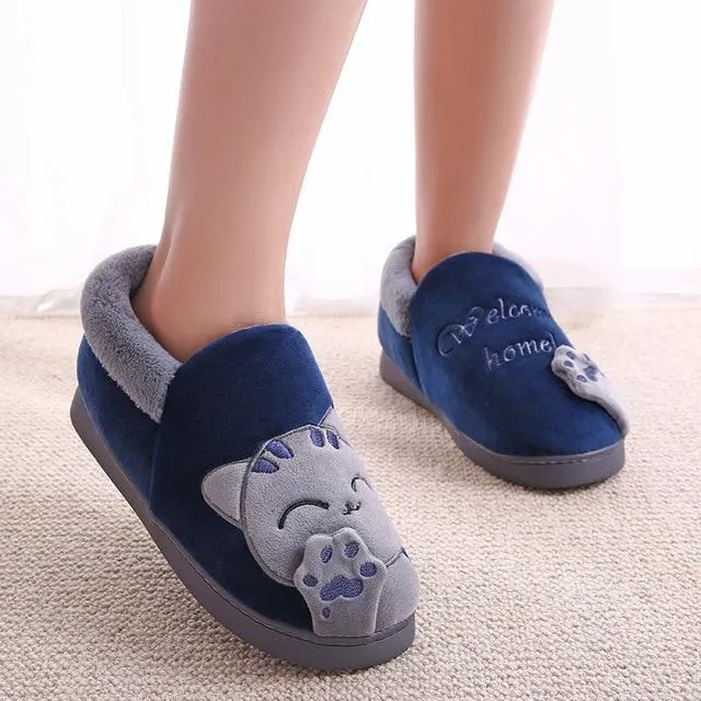 Cute cat slippers push warm winter house shoes