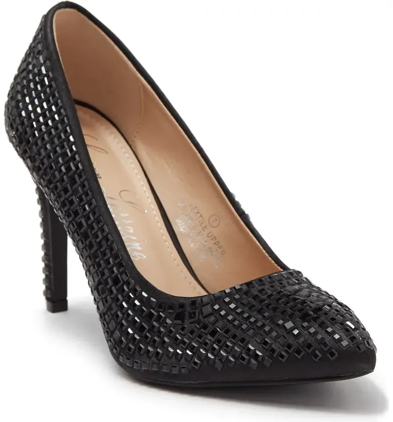 DAZZLE BLACK STILETTO PUMPS WITH GLITTER CRYSTAL GEM EMBELLISHMENTS