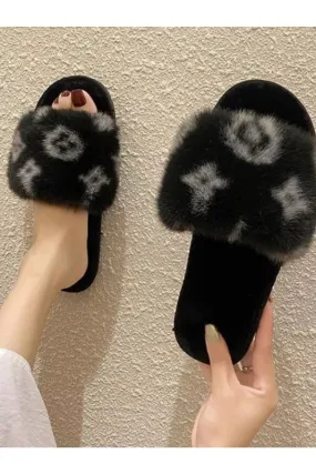 Fashion Plush Open Toe Slippers