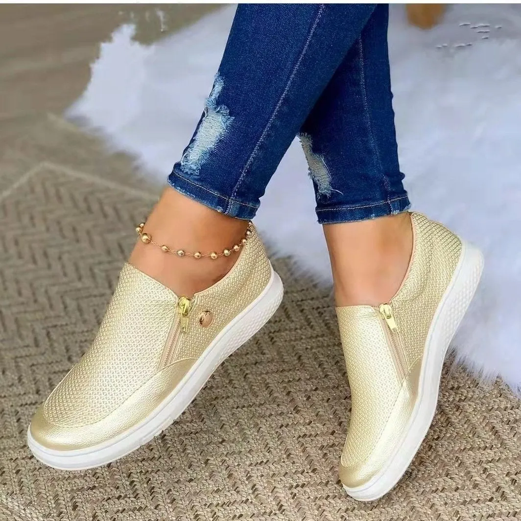 Flat side zip-up canvas shoes for all seasons