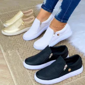 Flat side zip-up canvas shoes for all seasons