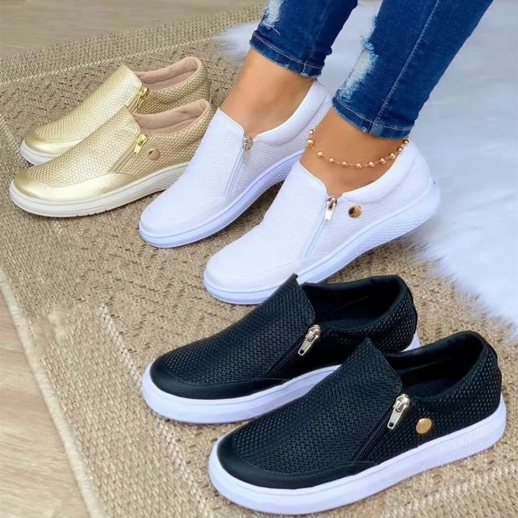 Flat side zip-up canvas shoes for all seasons
