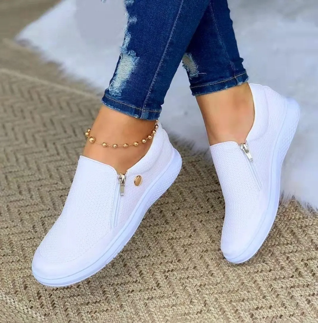 Flat side zip-up canvas shoes for all seasons
