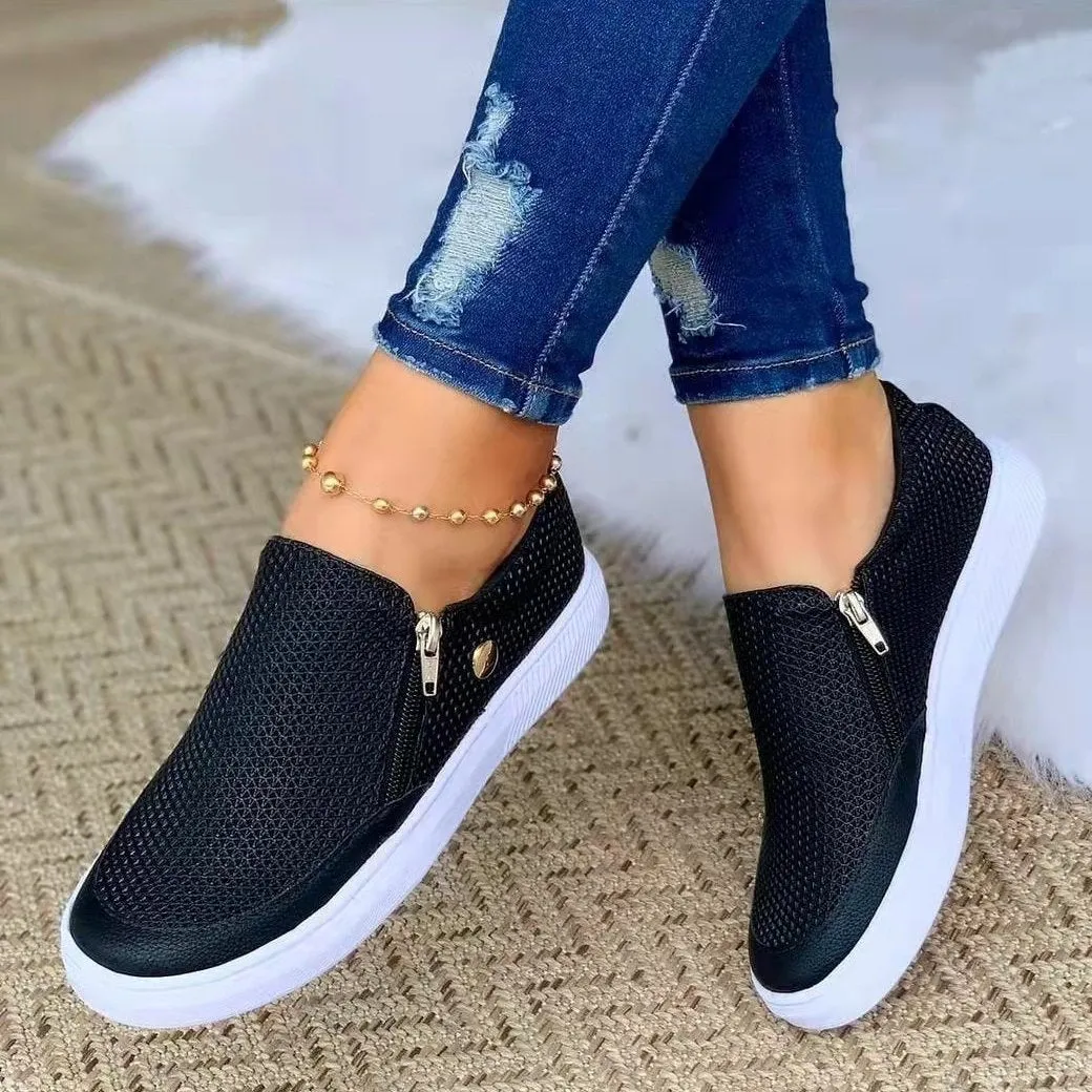 Flat side zip-up canvas shoes for all seasons