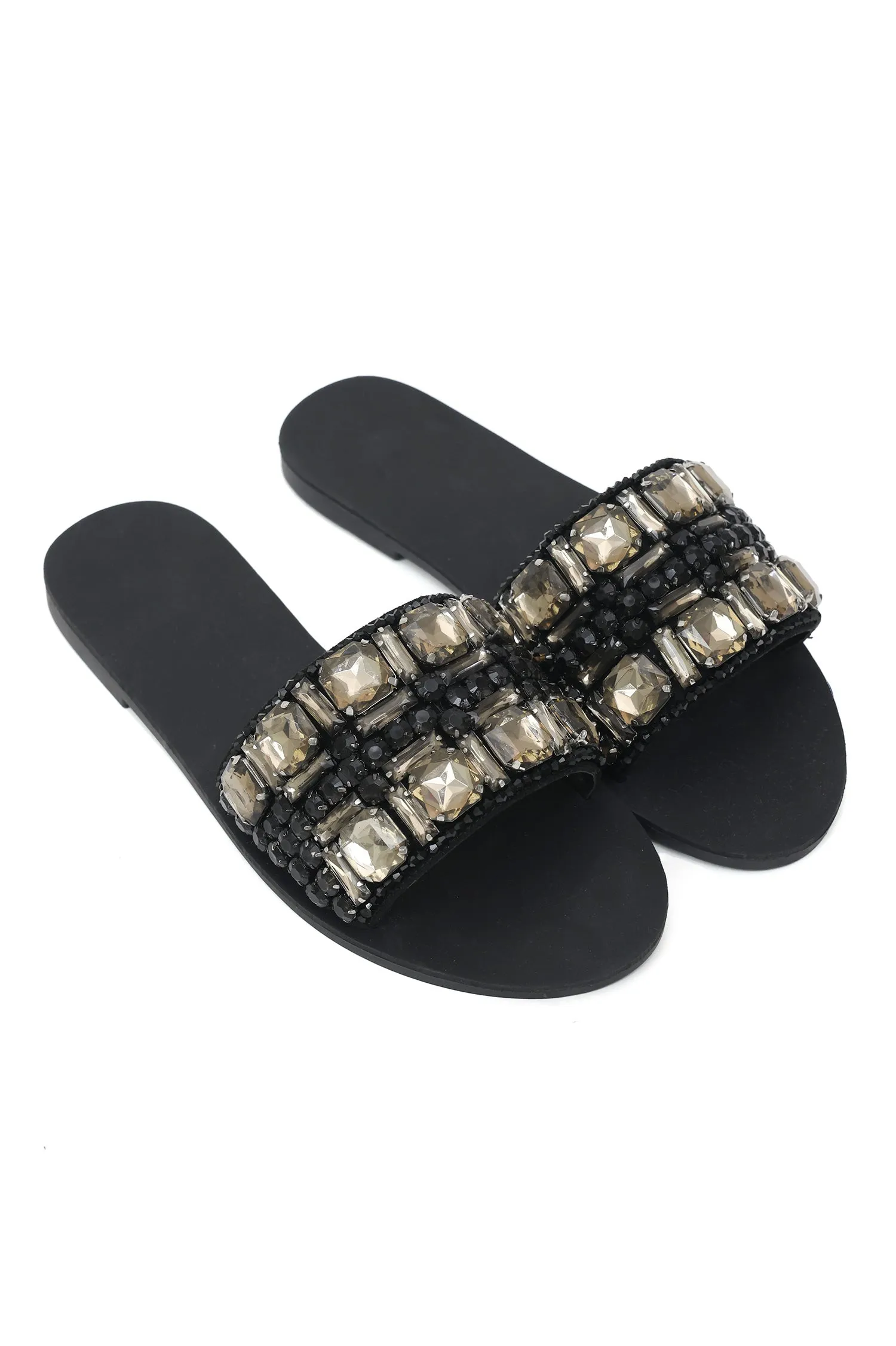 GEMSTONE EMBELLISHED SLIDES-BLACK