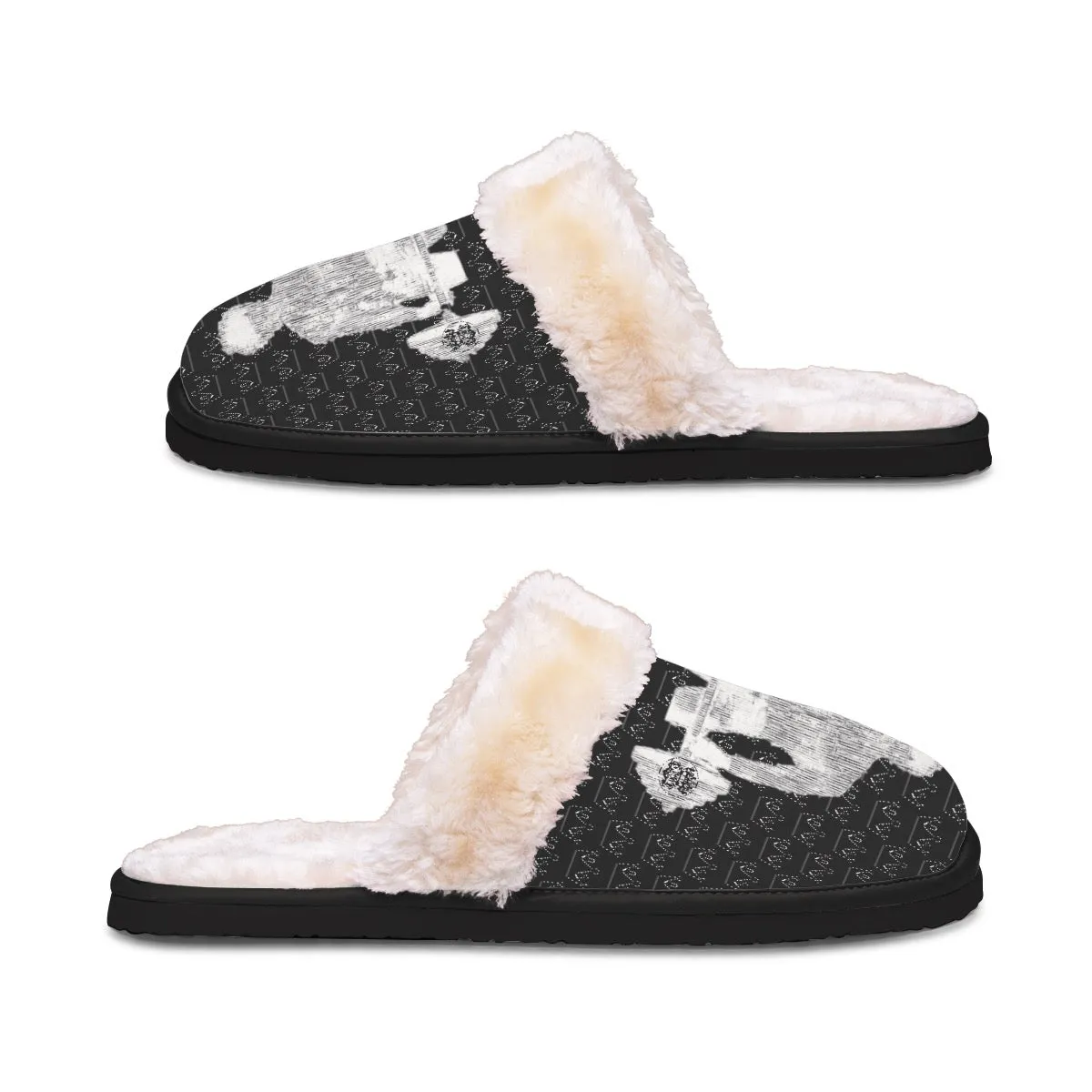 Men's Home Plush Slippers black with crowns, weight, lifting theme