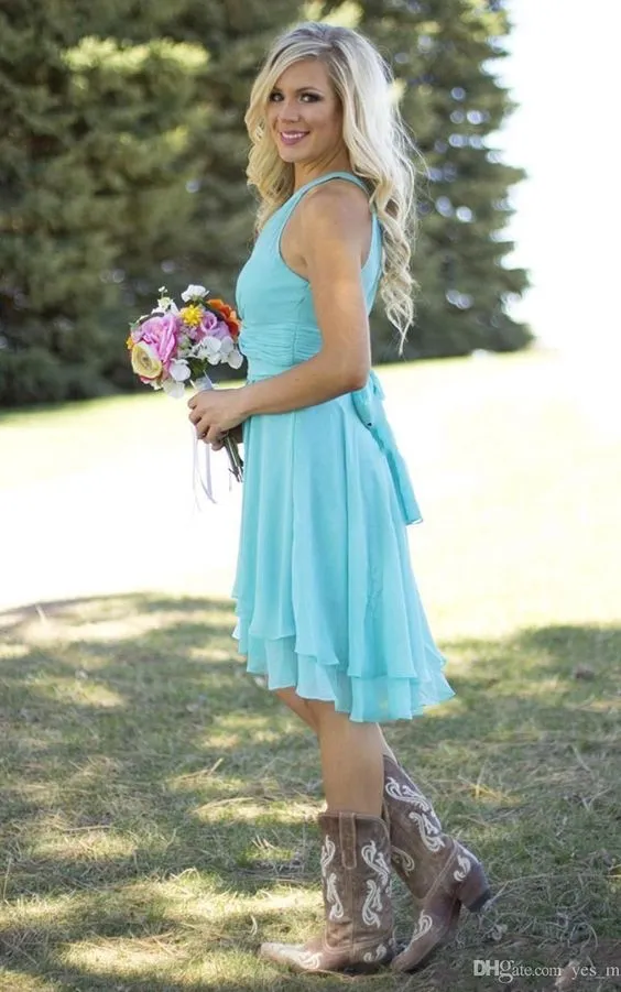 Rustic Sophisticated Halter Blue Chiffon Short Bridesmaid Dress with Boots