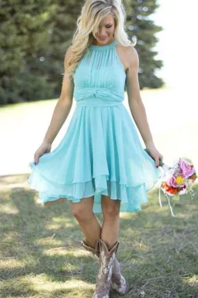 Rustic Sophisticated Halter Blue Chiffon Short Bridesmaid Dress with Boots