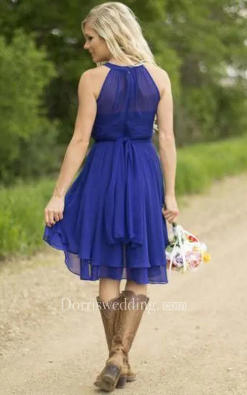 Rustic Sophisticated Halter Blue Chiffon Short Bridesmaid Dress with Boots