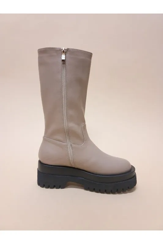 Soft Faux Leather Cream Mid Calf Platform Boots
