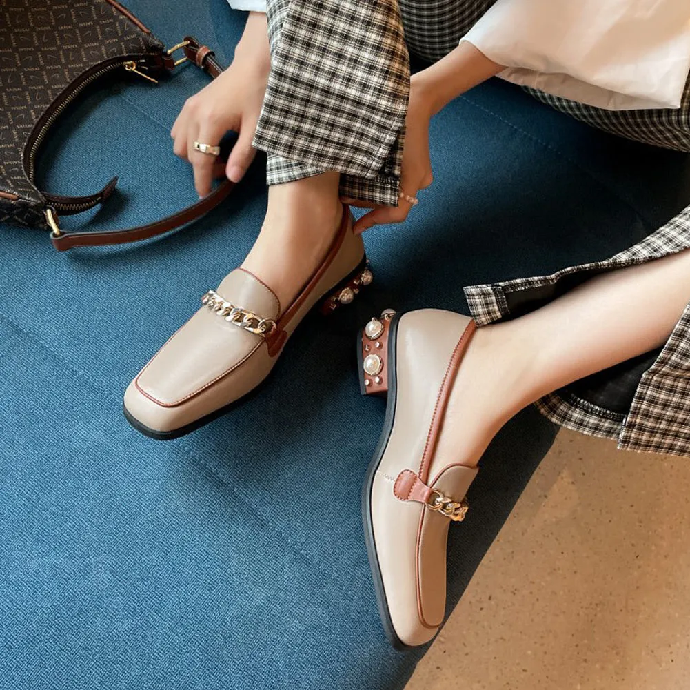 SQUARE TOE LOW HEEL PEARL LOAFERS SHOES SLIP ON