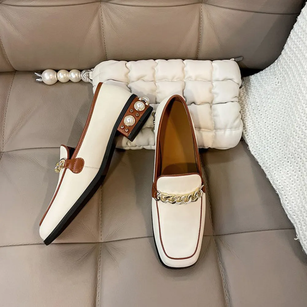 SQUARE TOE LOW HEEL PEARL LOAFERS SHOES SLIP ON