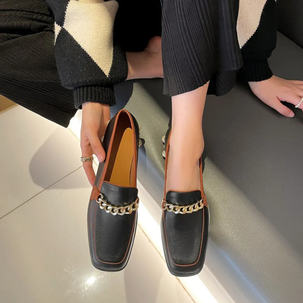 SQUARE TOE LOW HEEL PEARL LOAFERS SHOES SLIP ON