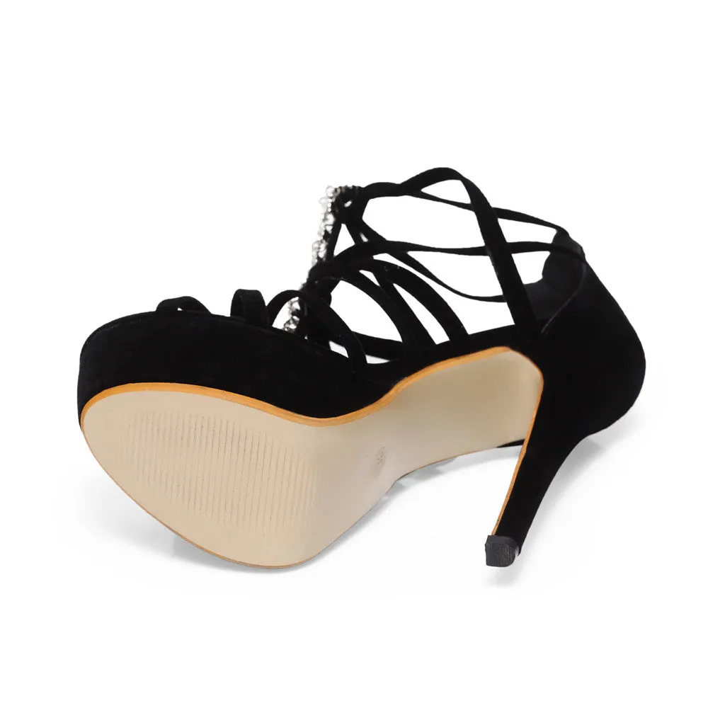 Suede Platform Rhinestone Stiletto High Heel Pumps Sandals