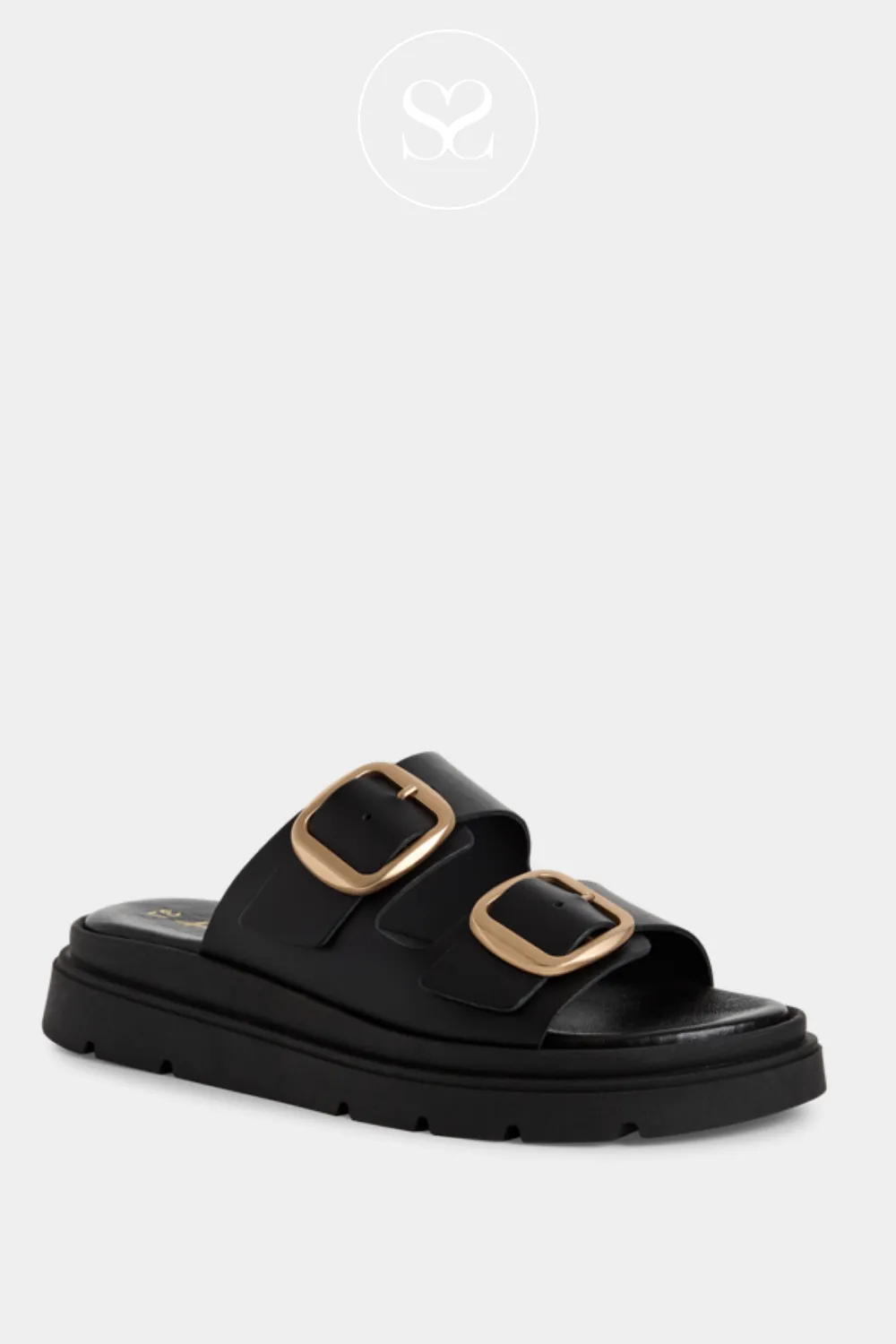 TAMARIS 1-27239-42 BLACK LEATHER CHUNKY BUCKLE SLIDER SANDALS