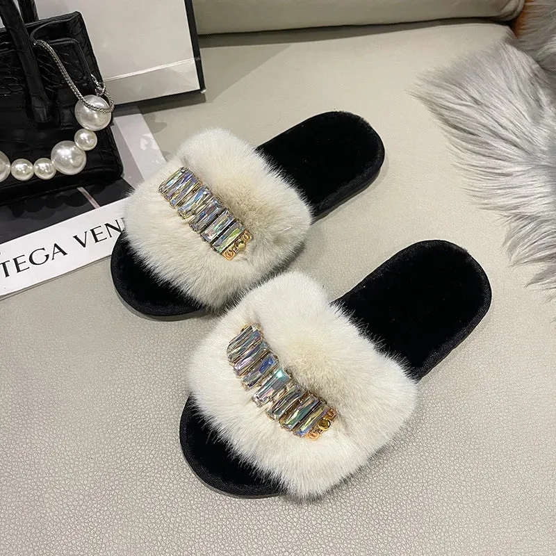 Women's Plush Slippers with Rhinestones