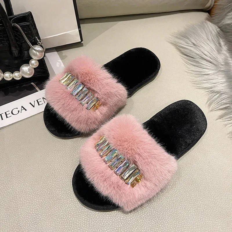 Women's Plush Slippers with Rhinestones