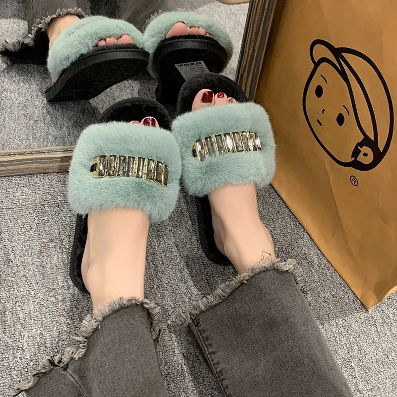 Women's Plush Slippers with Rhinestones