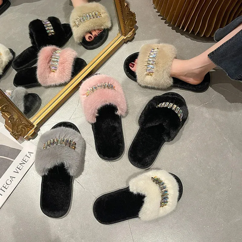 Women's Plush Slippers with Rhinestones