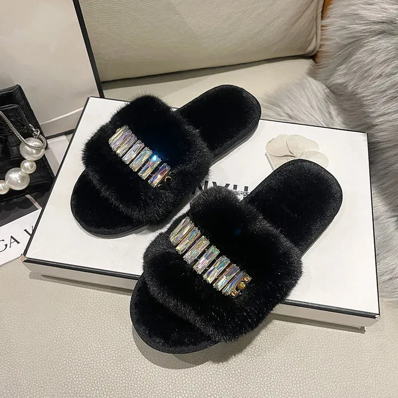 Women's Plush Slippers with Rhinestones