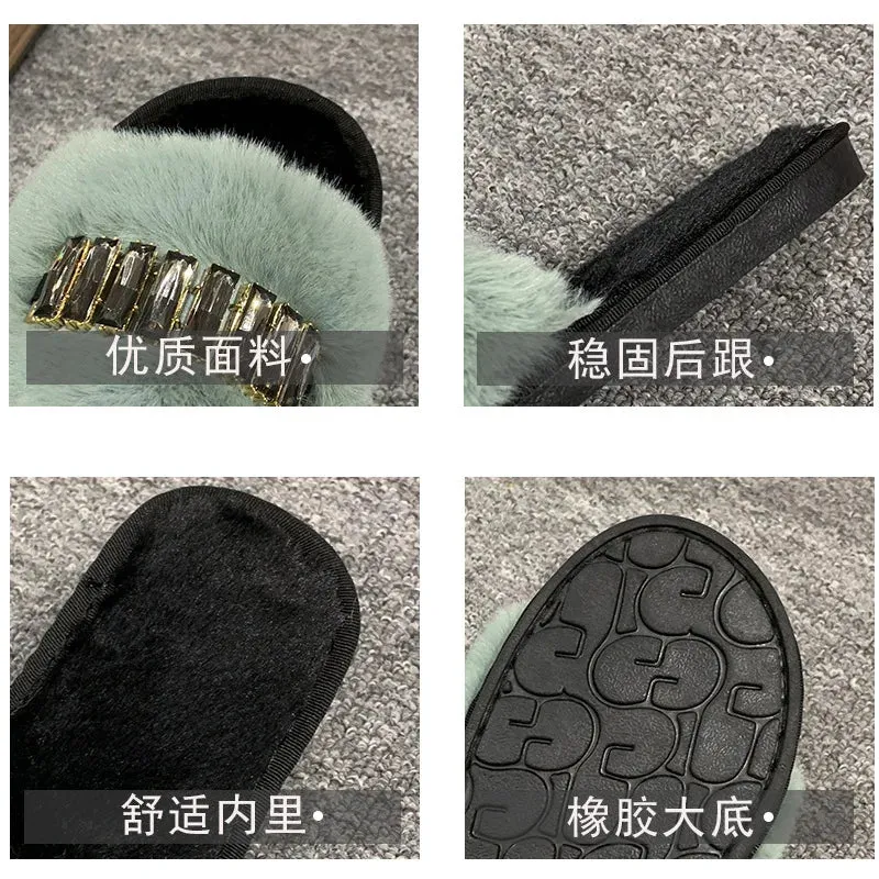 Women's Plush Slippers with Rhinestones